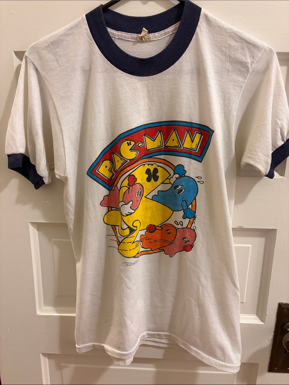 VINTAGE Screen Stars Paper Thin Pac-Man Graphic Ringer Tee with Navy Trim